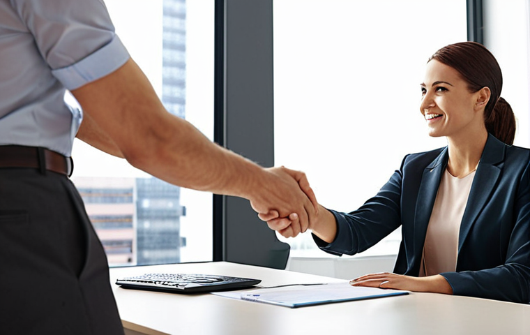 **
A confident business person shaking hands with a hiring manager across a desk in a modern office. The atmosphere is positive and collaborative. In the background, display a subtle graphic representing career growth. Keywords: *Salary negotiation, successful matching, business coach*.
**