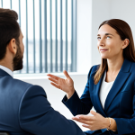 A professional female coach, fully clothed in a modest business suit, actively listening to a male coachee in a relaxed yet professional setting. The coachee is sitting comfortably, expressing himself, while the coach maintains eye contact, showing empathy and deep understanding. The background is a modern, clean office space with soft, natural lighting, suggesting a calm and confidential atmosphere. The scene emphasizes authentic dialogue and personalized guidance. safe for work, appropriate content, fully clothed, professional, perfect anatomy, correct proportions, natural pose, well-formed hands, proper finger count, natural body proportions, high-quality photography, realistic.