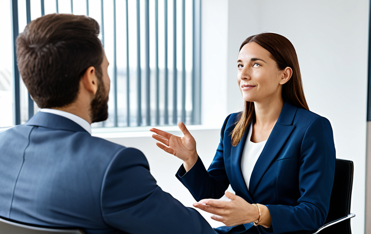 A professional female coach, fully clothed in a modest business suit, actively listening to a male coachee in a relaxed yet professional setting. The coachee is sitting comfortably, expressing himself, while the coach maintains eye contact, showing empathy and deep understanding. The background is a modern, clean office space with soft, natural lighting, suggesting a calm and confidential atmosphere. The scene emphasizes authentic dialogue and personalized guidance. safe for work, appropriate content, fully clothed, professional, perfect anatomy, correct proportions, natural pose, well-formed hands, proper finger count, natural body proportions, high-quality photography, realistic.
