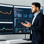 A focused professional male business analyst, fully clothed in a modest, dark business suit, standing in a sleek, modern office. Large monitors behind him display intricate data visualizations, including charts and graphs. He is looking thoughtfully at a screen, a subtle hand gesture indicating analysis. The environment is well-lit, clean, and minimalist, emphasizing clarity and data-driven insights. Professional photography, high resolution, soft cinematic lighting, appropriate content, safe for work, perfect anatomy, correct proportions, natural pose, well-formed hands, proper finger count, natural body proportions.