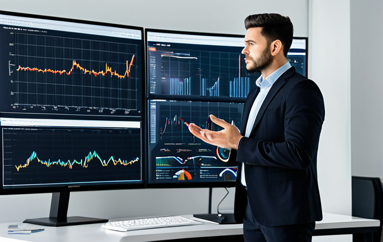 A focused professional male business analyst, fully clothed in a modest, dark business suit, standing in a sleek, modern office. Large monitors behind him display intricate data visualizations, including charts and graphs. He is looking thoughtfully at a screen, a subtle hand gesture indicating analysis. The environment is well-lit, clean, and minimalist, emphasizing clarity and data-driven insights. Professional photography, high resolution, soft cinematic lighting, appropriate content, safe for work, perfect anatomy, correct proportions, natural pose, well-formed hands, proper finger count, natural body proportions.