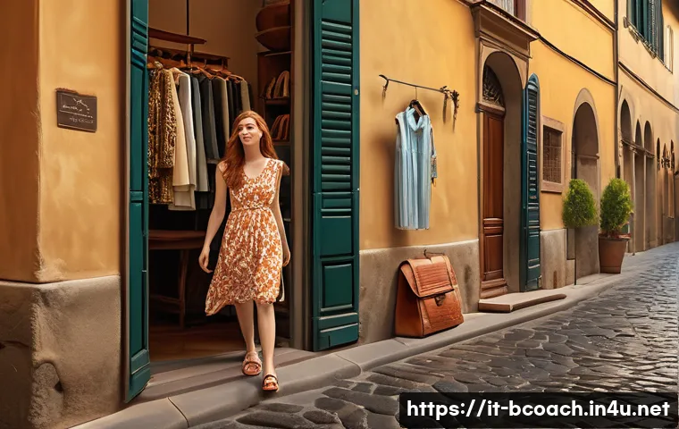 비즈니스 코칭과 자기 홍보 - **A sunlit cobblestone street in Florence, Italy. A young woman with flowing auburn hair wears a sty...