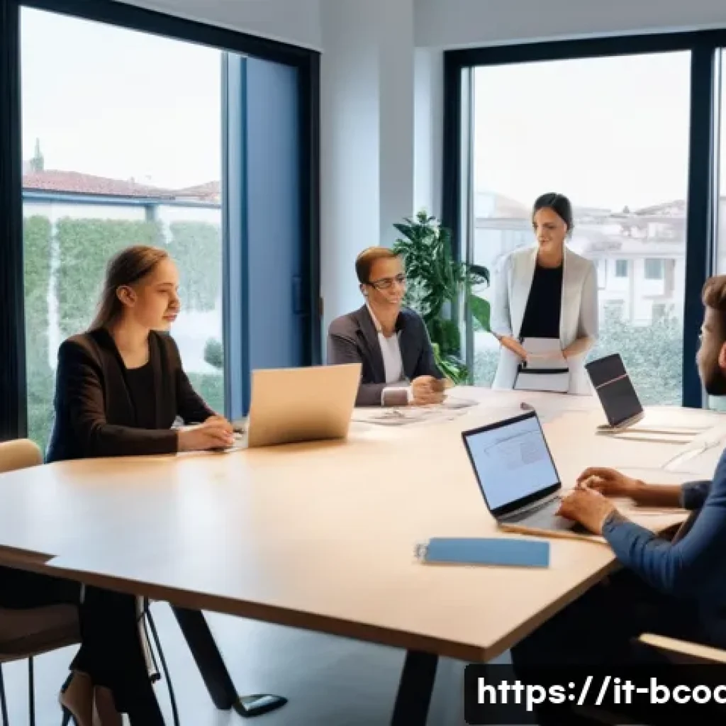 비즈니스 코칭과 온라인 강의 활용 - A professional business coach leading a diverse group workshop in a modern Italian office setting, p...