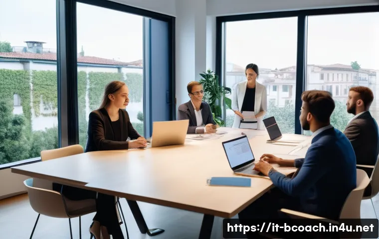비즈니스 코칭과 온라인 강의 활용 - A professional business coach leading a diverse group workshop in a modern Italian office setting, p...