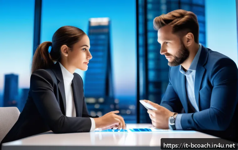 비즈니스 코칭의 미래 트렌드 - A modern corporate coaching session featuring a professional coach and a client interacting with an ...