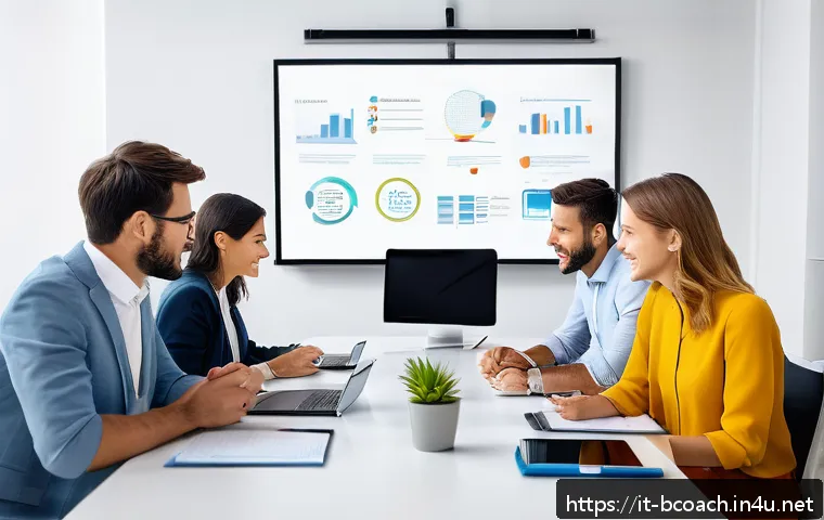 비즈니스 코치의 전문 용어 해설 - A modern, bright office scene with a diverse team engaged in a collaborative meeting around a large ...